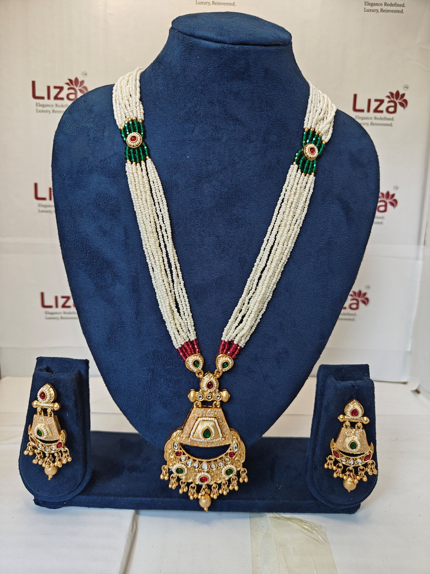 LZ-63 Long Pearl Rani Haar Necklace Set with Kundan & Meenakari Pendant