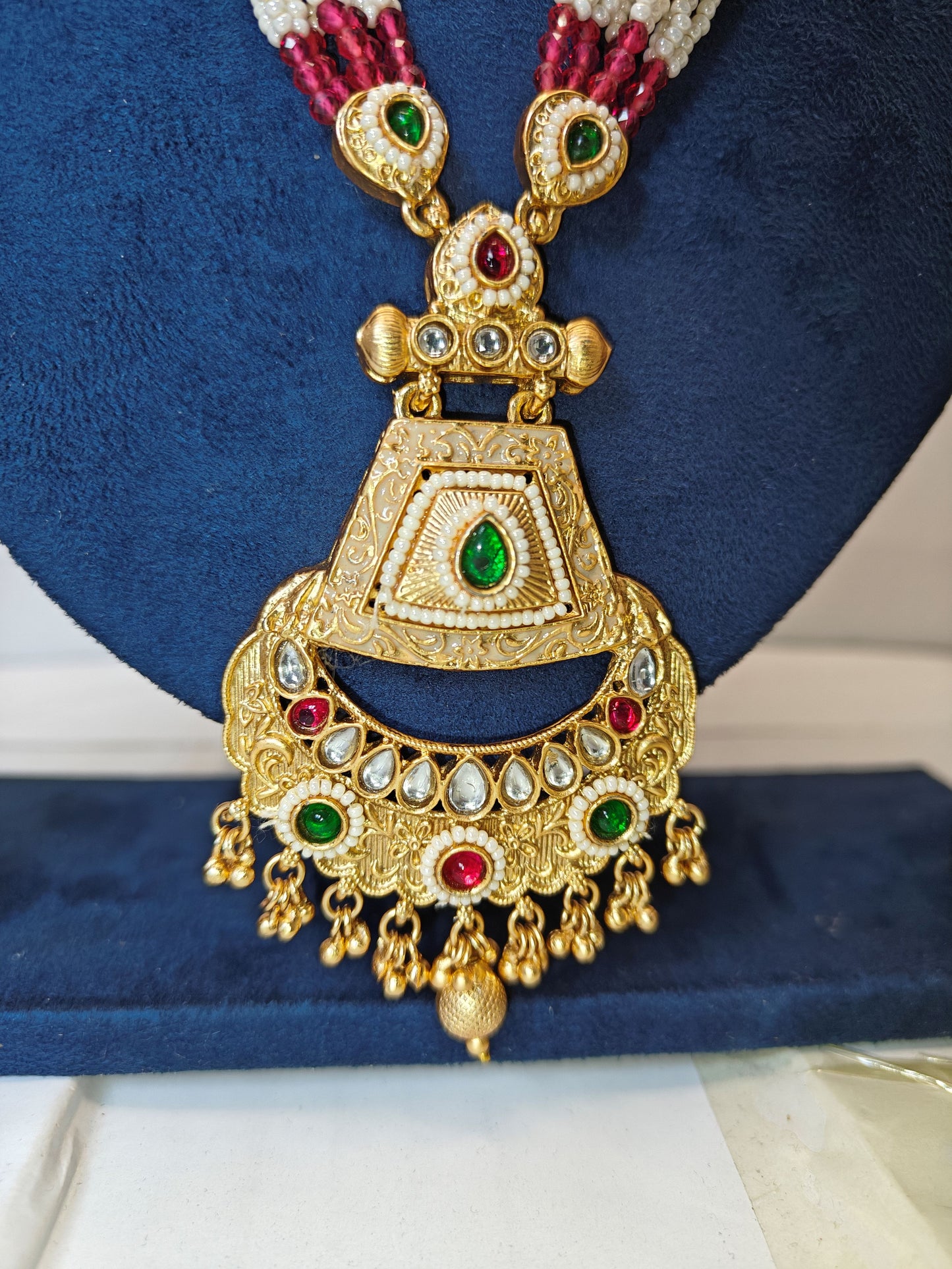 LZ-63 Long Pearl Rani Haar Necklace Set with Kundan & Meenakari Pendant