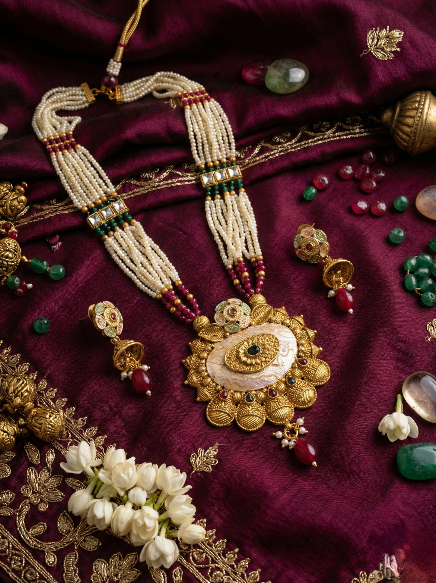 LZ-64 Royal Pearl & Stone Studded Traditional Necklace Set