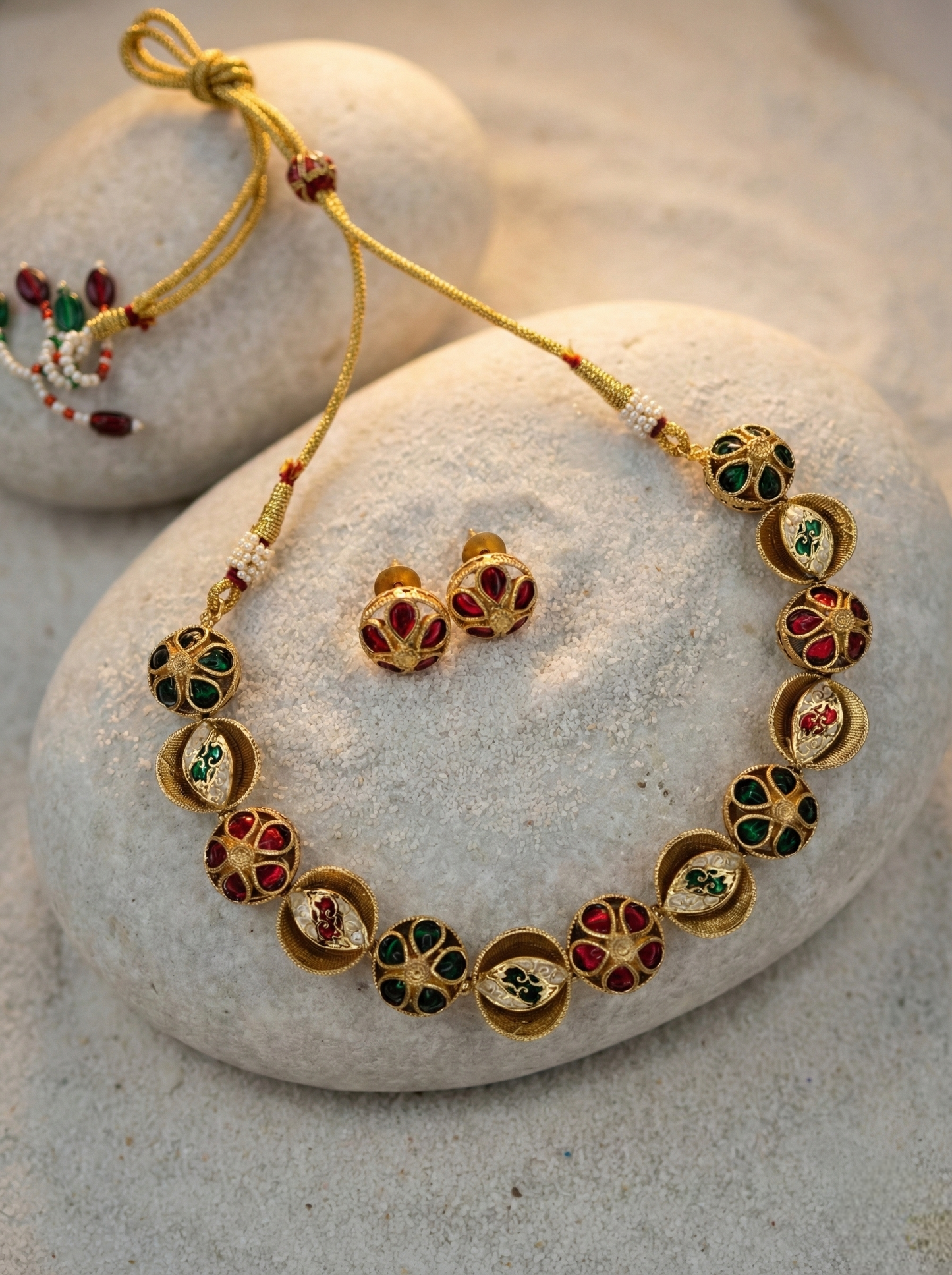 LZ- 67 Traditional Red & Green Stone Studded Heritage Necklace Set