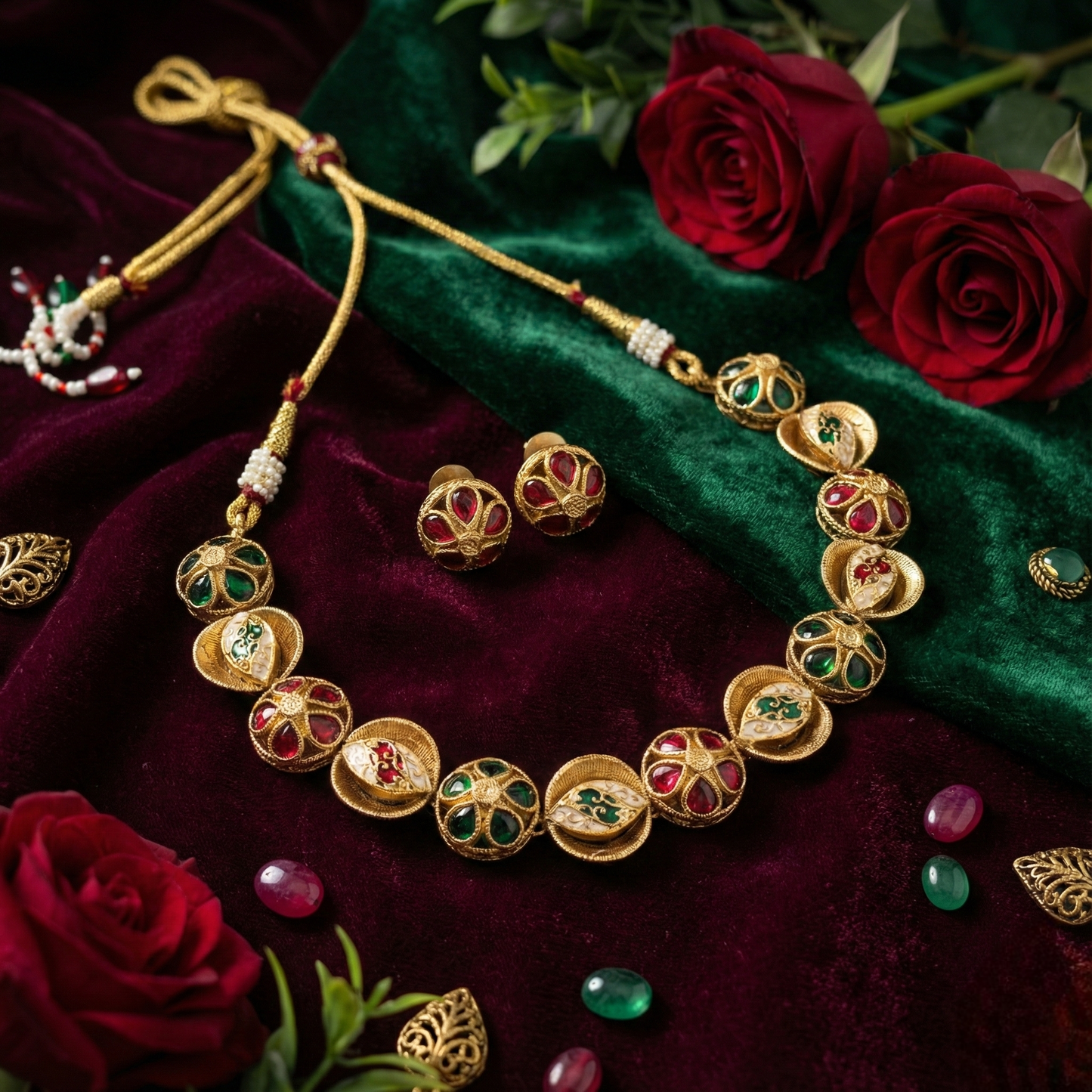LZ- 67 Traditional Red & Green Stone Studded Heritage Necklace Set