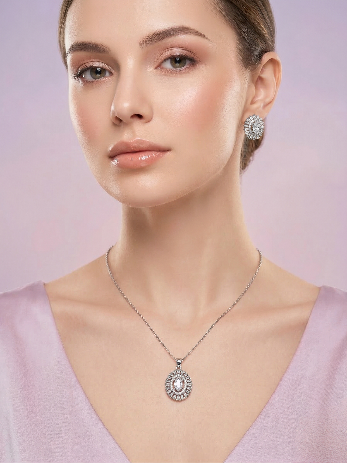 LZ-141 Elegant Silver-Tone Oval Pendant Necklace Set