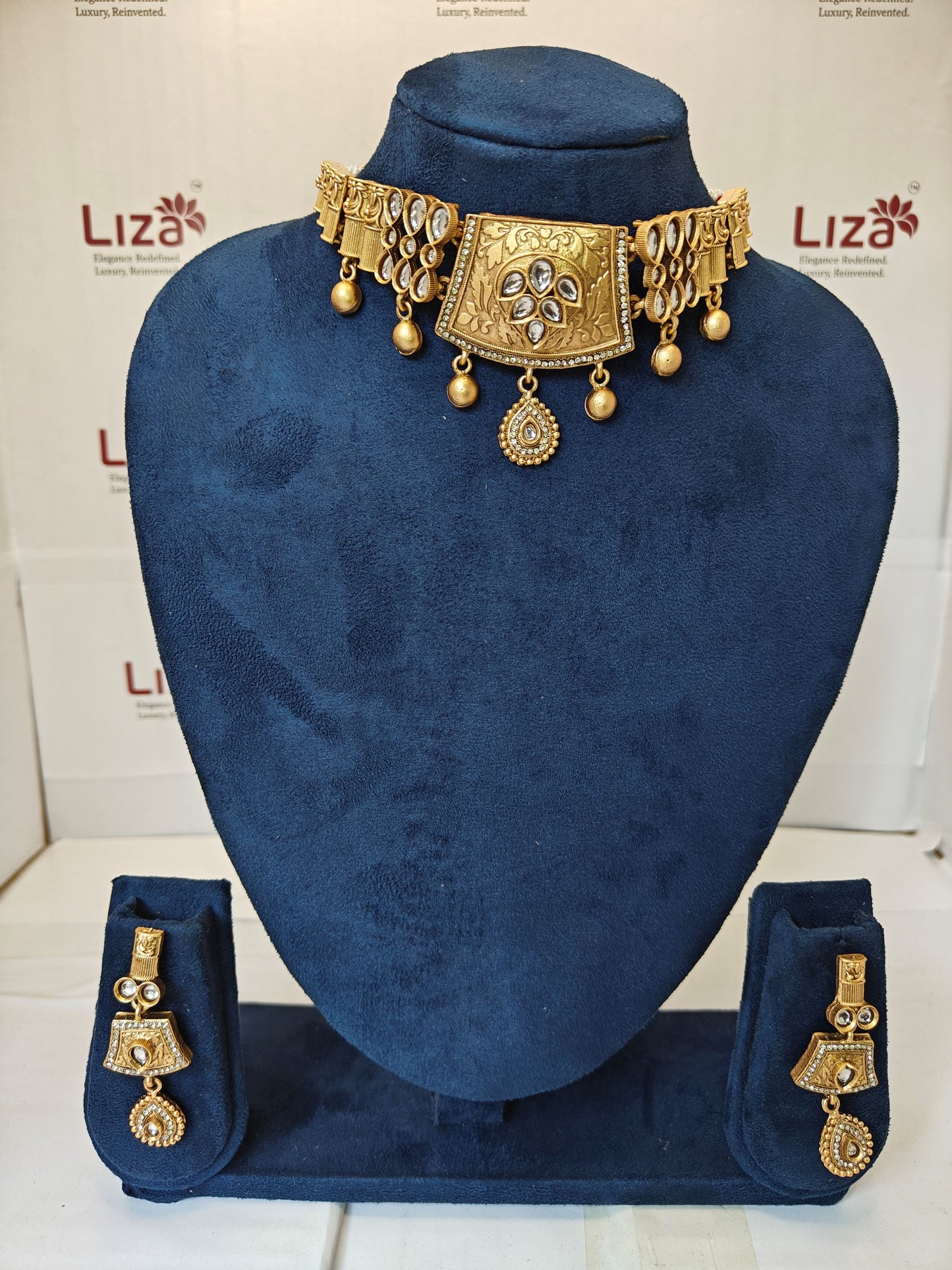 LZ-61 Antique Matte Choker Necklace Set with White Kundan Stones & Gold Bead Drops