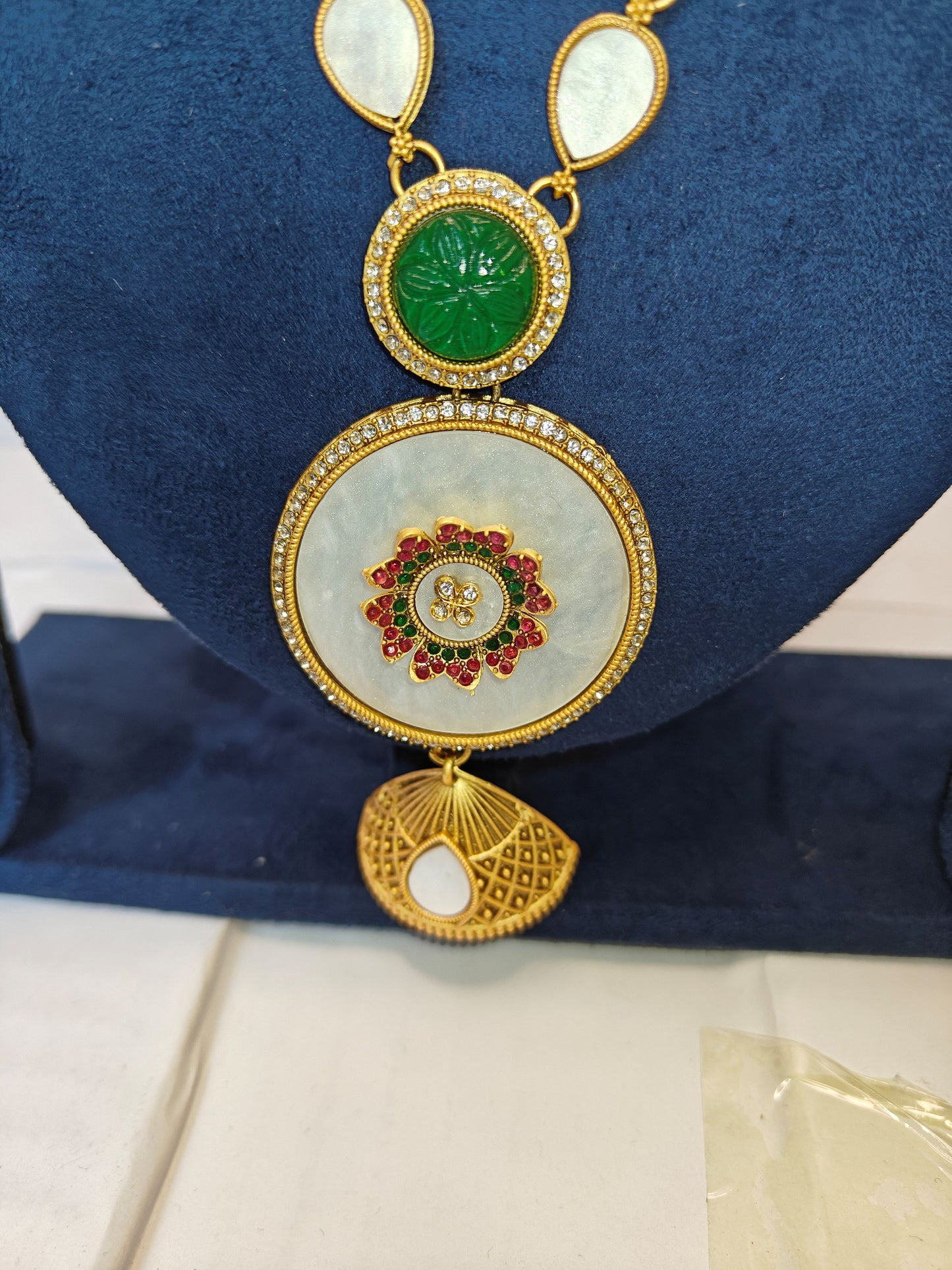 LZ-03 Anti-Tarnish Necklace Set with Mother of Pearl & Green Stone | Stainless Steel Ethnic Jewellery for Women