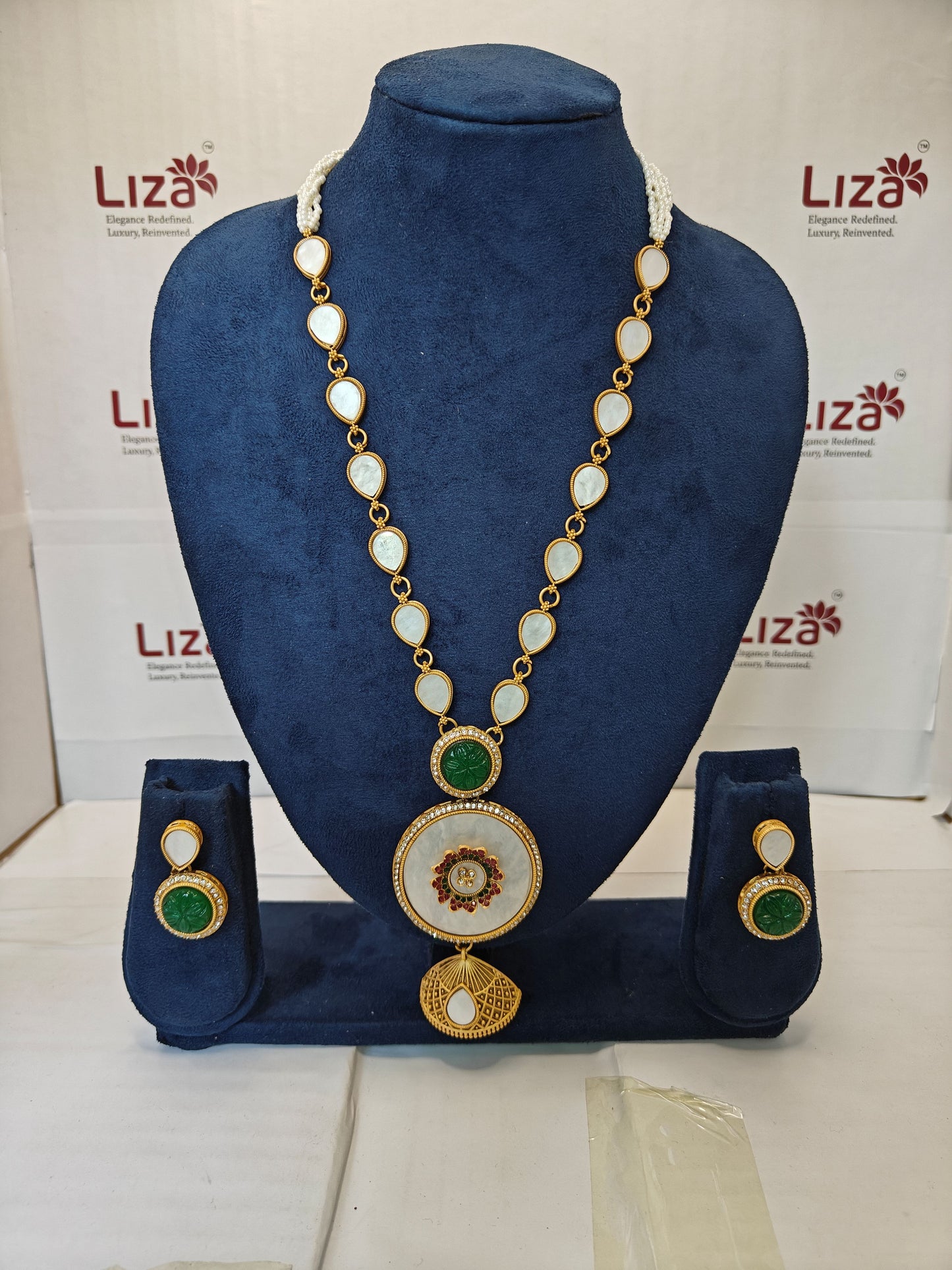 LZ-03 Anti-Tarnish Necklace Set with Mother of Pearl & Green Stone | Stainless Steel Ethnic Jewellery for Women