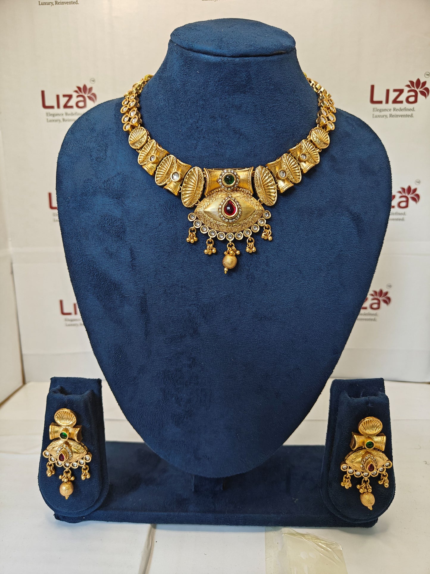 LZ-59 Antique Choker Necklace Set with Ruby & Emerald Accents