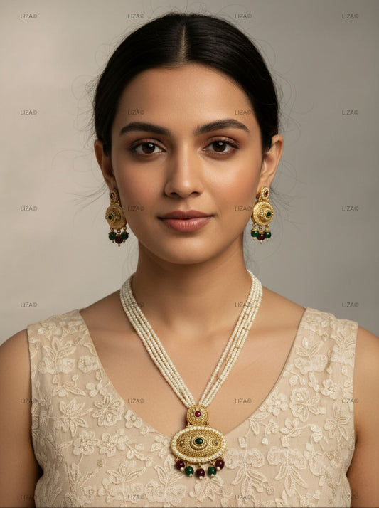 LZ-05 Pearl Necklace Set with Traditional Pendant & Earrings