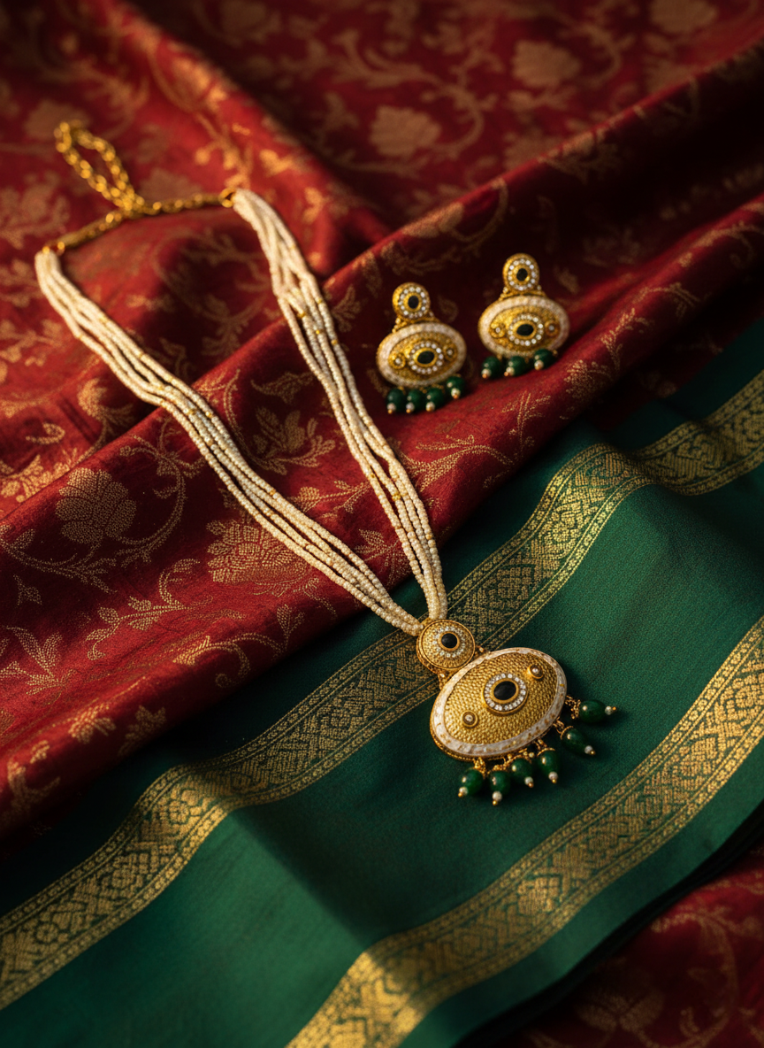 LZ-06 Pearl Necklace Set with Green Stone Pendant & Matching Earrings