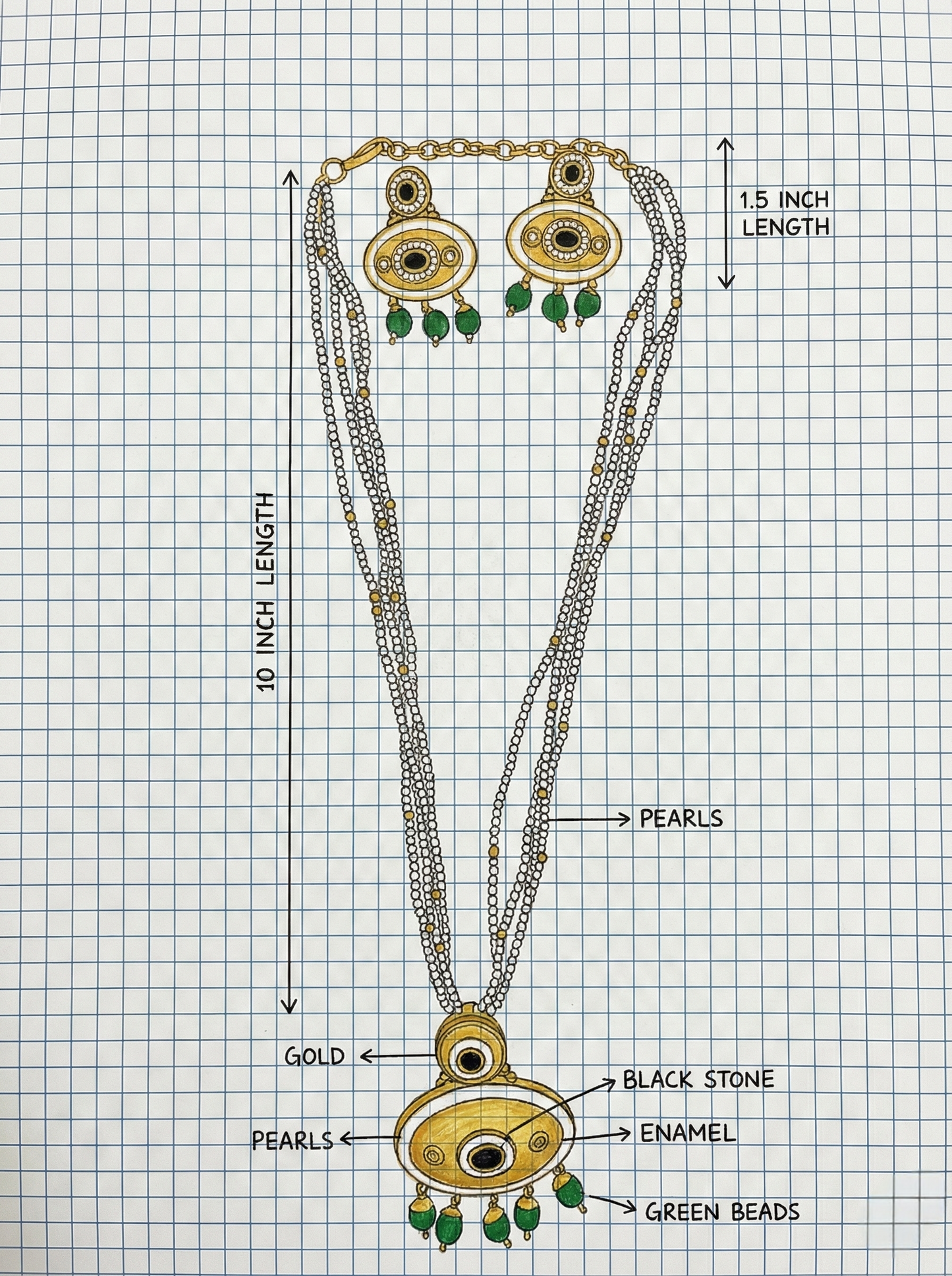 LZ-06 Pearl Necklace Set with Green Stone Pendant & Matching Earrings