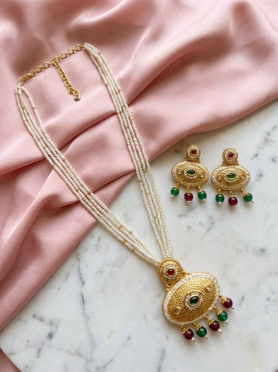 LZ-05 Pearl Necklace Set with Traditional Pendant & Earrings