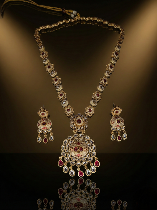 LZ-62 Antique Long Necklace Set with Kundan & Red Meenakari Work