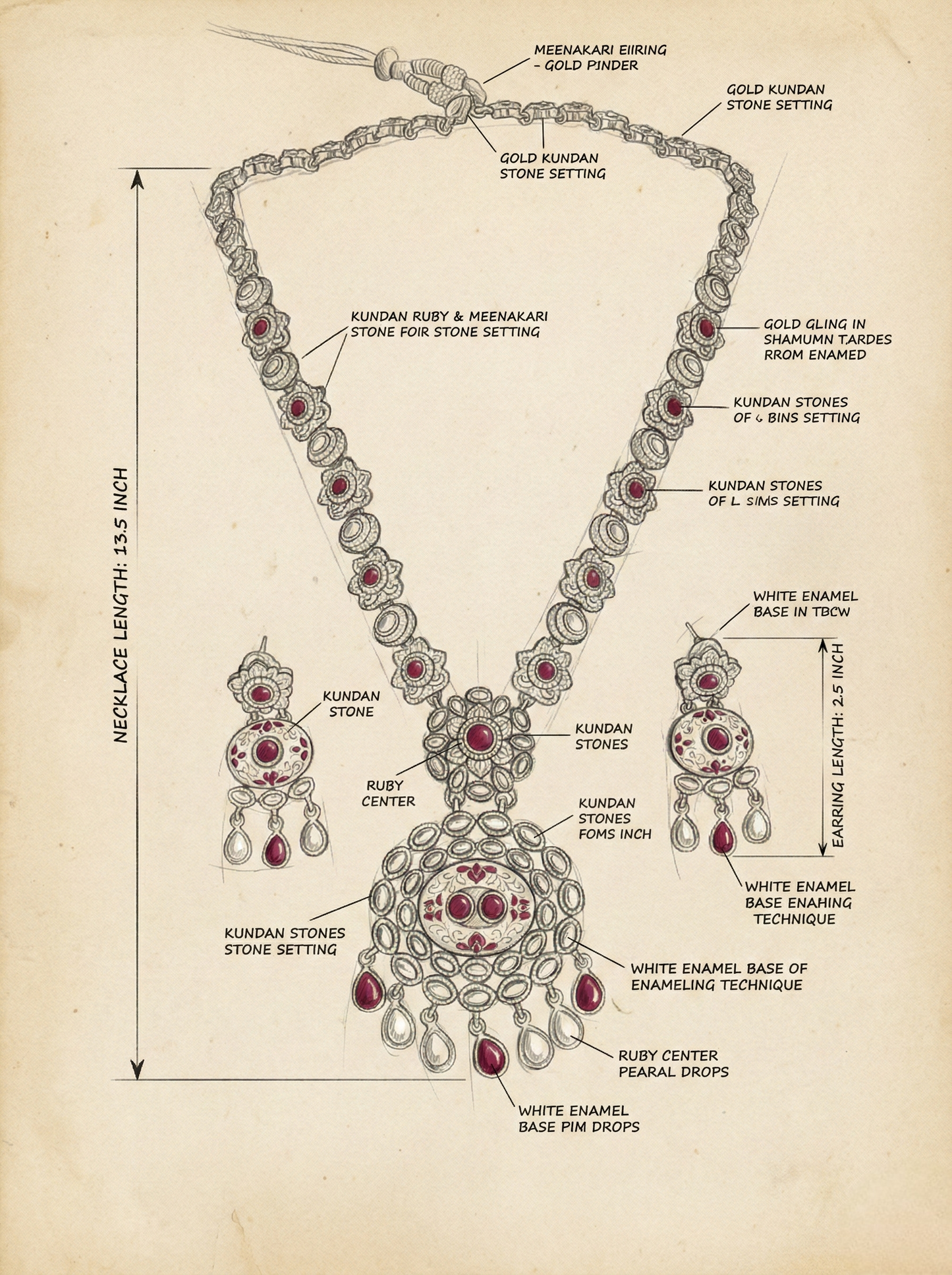 LZ-62 Antique Long Necklace Set with Kundan & Red Meenakari Work
