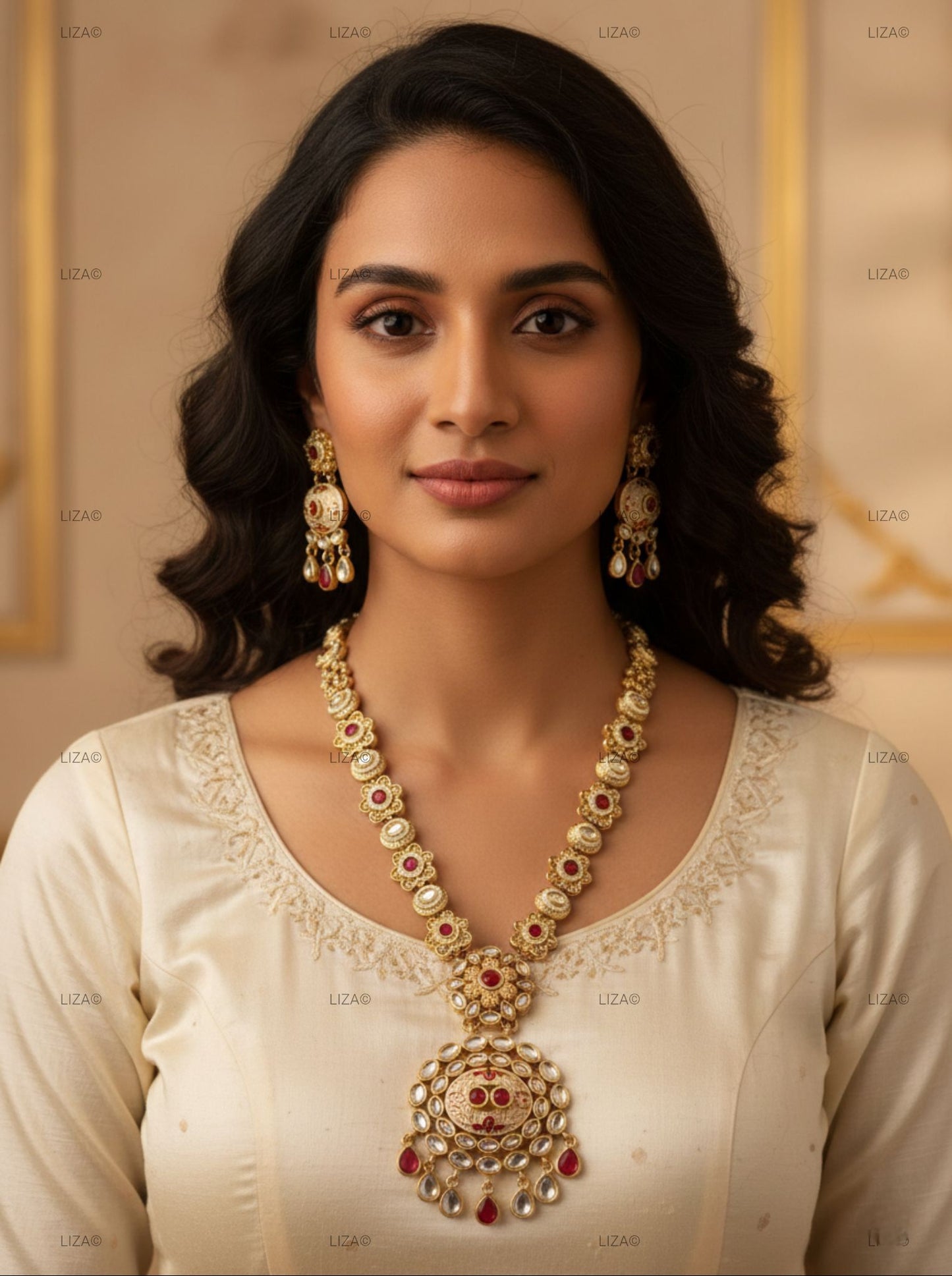 LZ-62 Antique Long Necklace Set with Kundan & Red Meenakari Work
