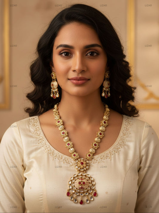 LZ-62 Antique Long Necklace Set with Kundan & Red Meenakari Work