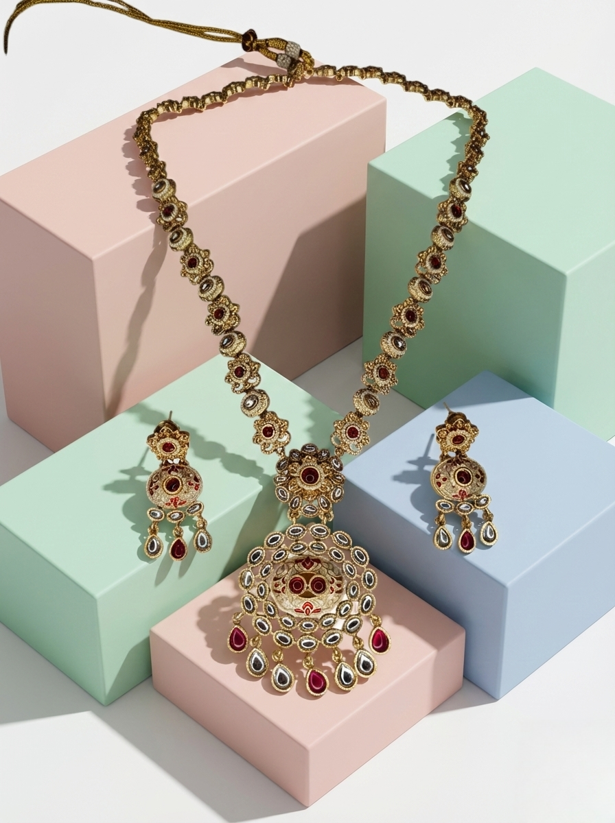 LZ-62 Antique Long Necklace Set with Kundan & Red Meenakari Work