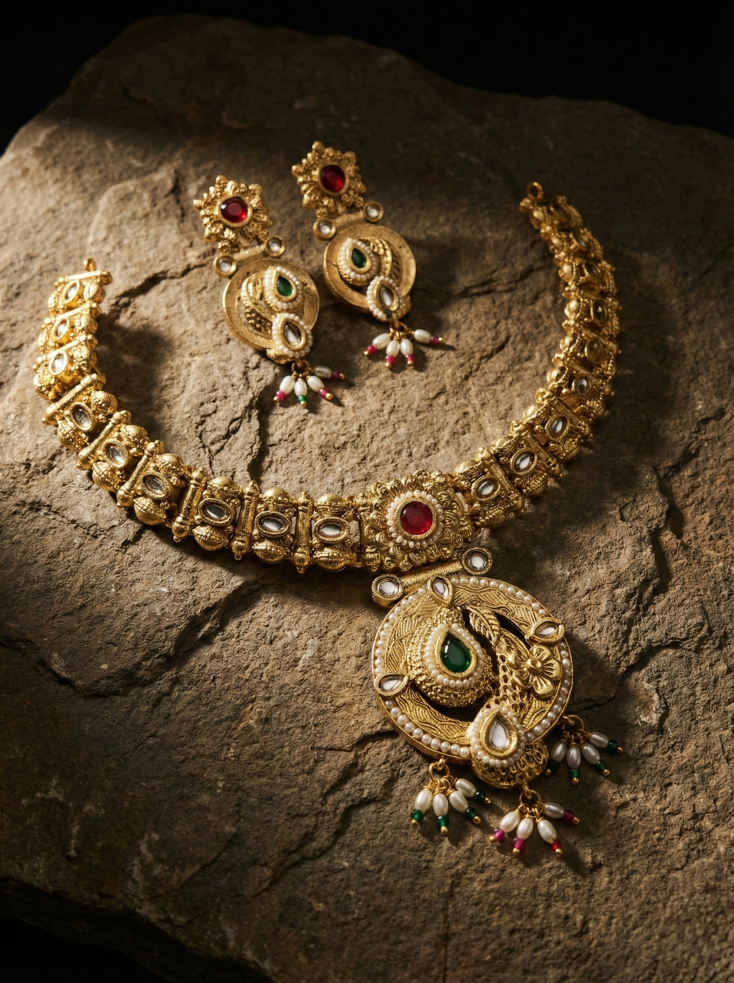 LZ-19 Antique Necklace Set with Ruby & Emerald Stones