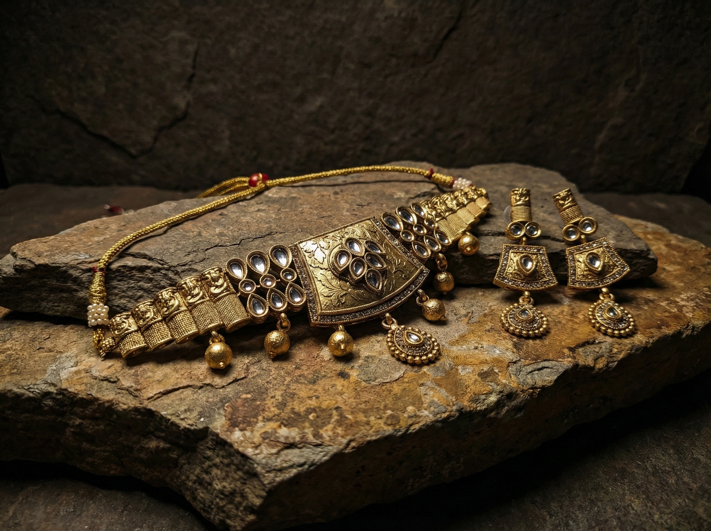 LZ-61 Antique Matte Choker Necklace Set with White Kundan Stones & Gold Bead Drops