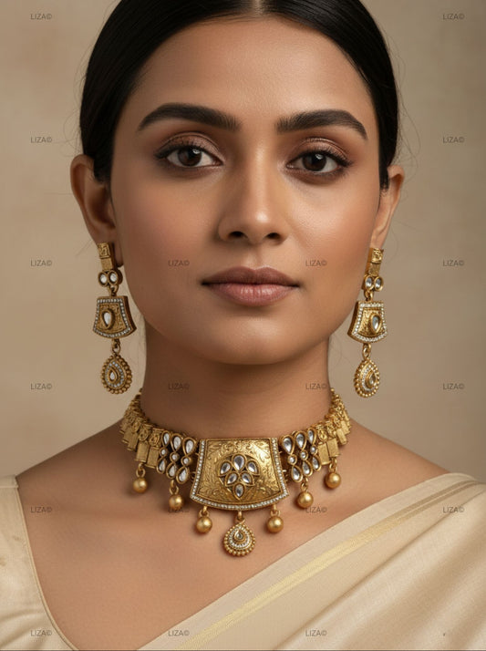 LZ-61 Antique Matte Choker Necklace Set with White Kundan Stones & Gold Bead Drops
