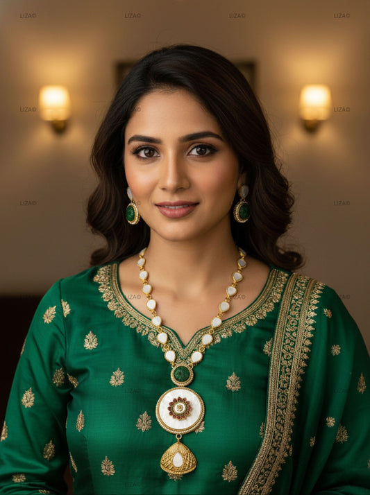 LZ-03 Anti-Tarnish Necklace Set with Mother of Pearl & Green Stone | Stainless Steel Ethnic Jewellery for Women