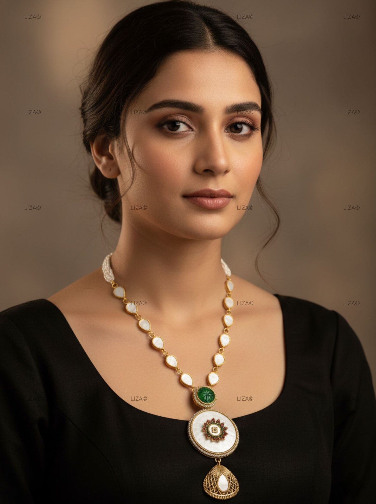 LZ-03 Anti-Tarnish Necklace Set with Mother of Pearl & Green Stone | Stainless Steel Ethnic Jewellery for Women
