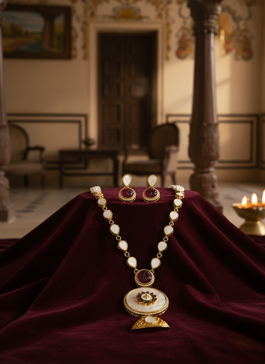 LZ-04 Long Necklace Set with Pearl Strands & White Stone Pendant