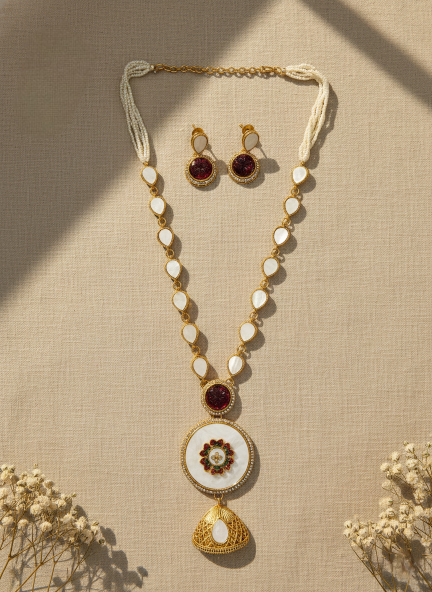 LZ-04 Long Necklace Set with Pearl Strands & White Stone Pendant
