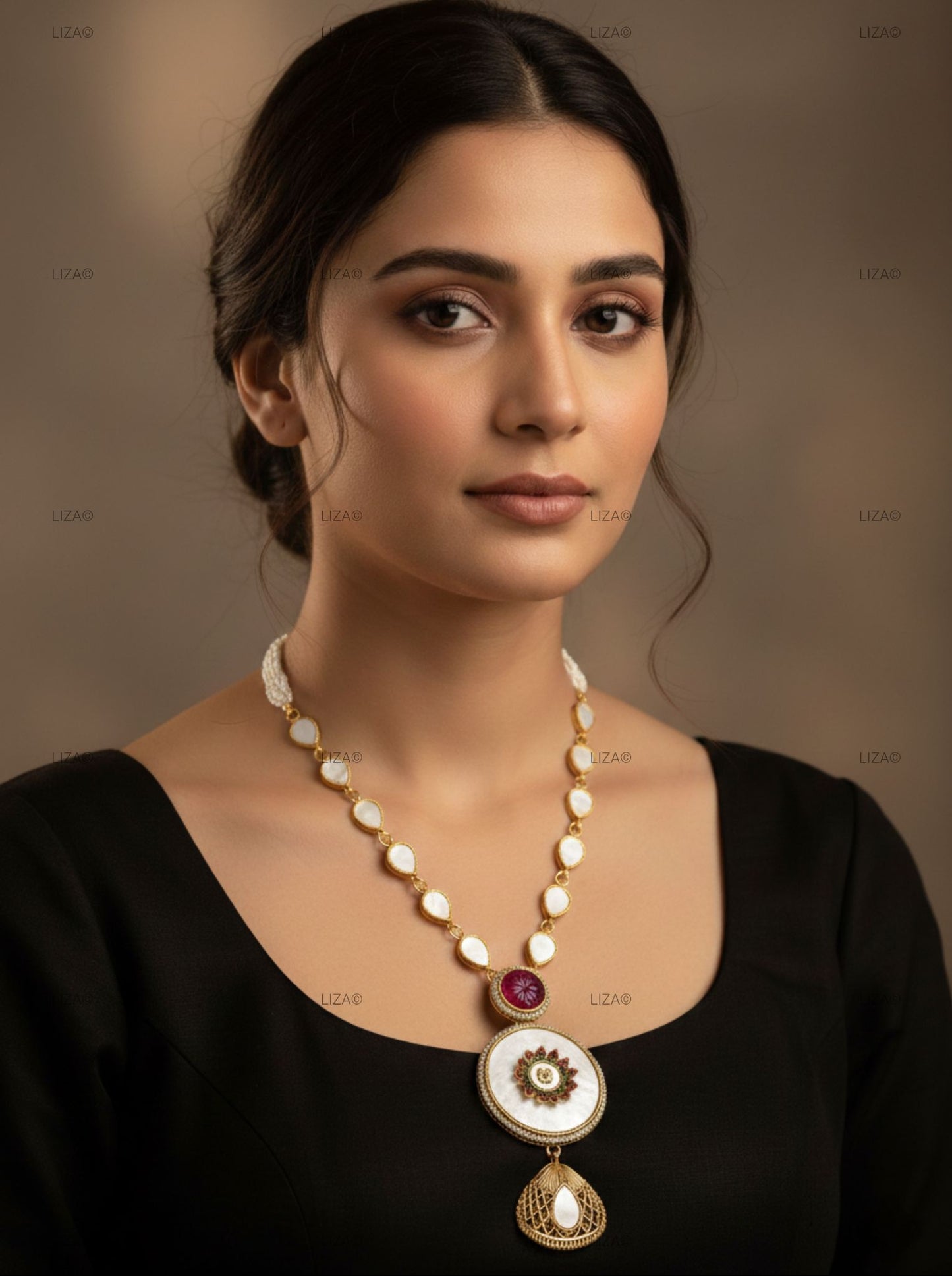 LZ-04 Long Necklace Set with Pearl Strands & White Stone Pendant