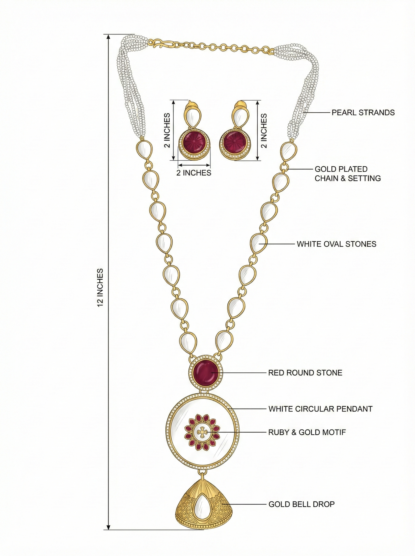 LZ-04 Long Necklace Set with Pearl Strands & White Stone Pendant