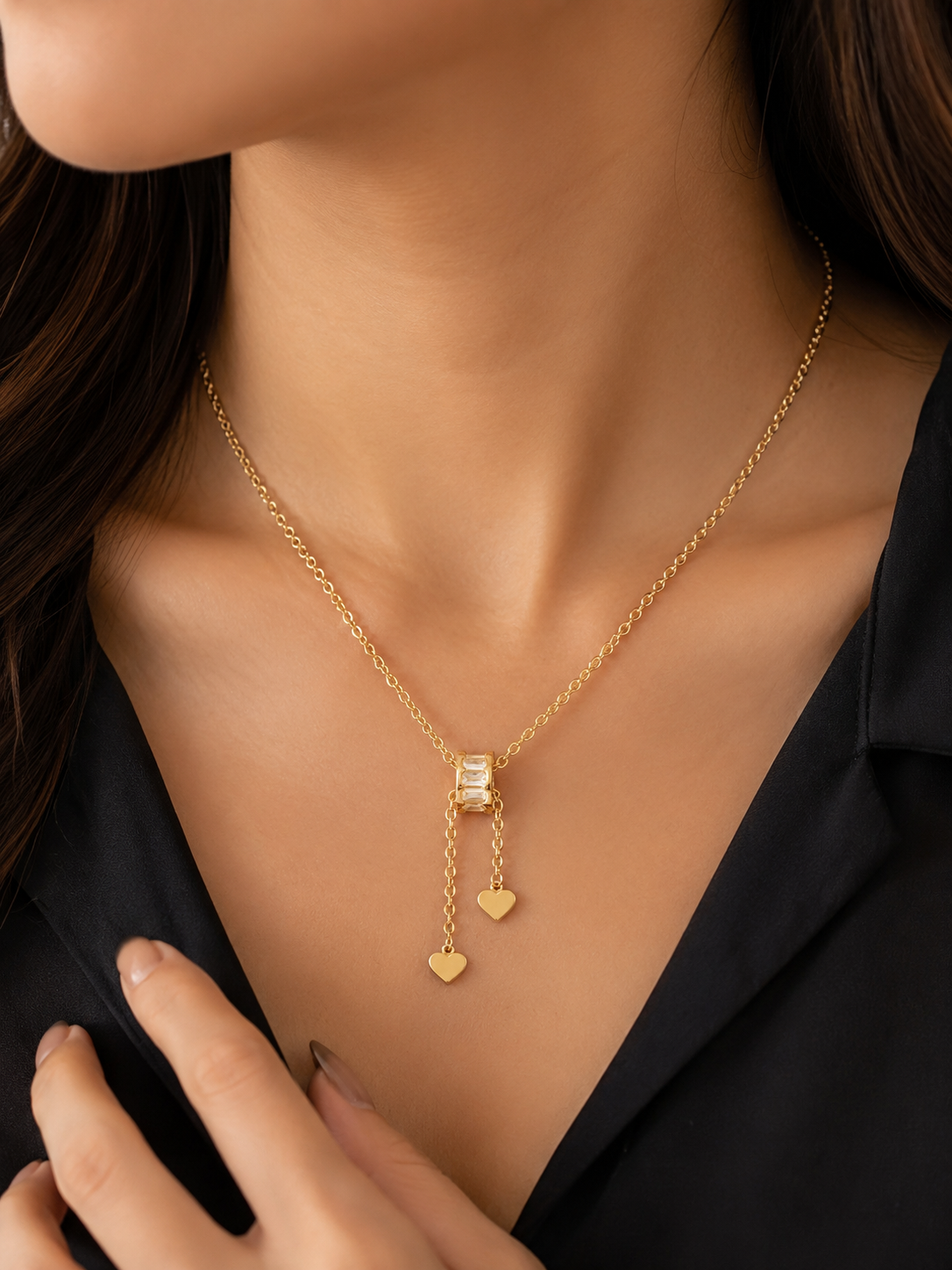 LZ-154 Rose Gold Heart Drop Lariat Necklace | Elegant Minimalist Anti-Tarnish Necklace
