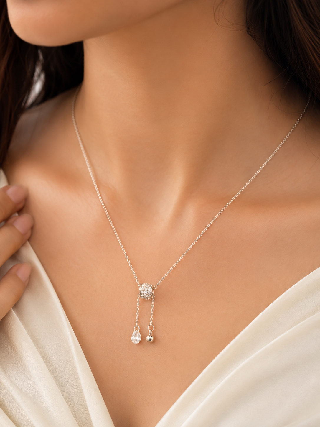LZ-155 Silver-Tone Crystal Lariat Drop Necklace