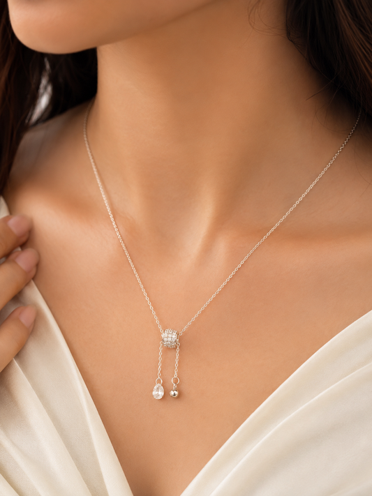 LZ-155 Silver-Tone Crystal Lariat Drop Necklace