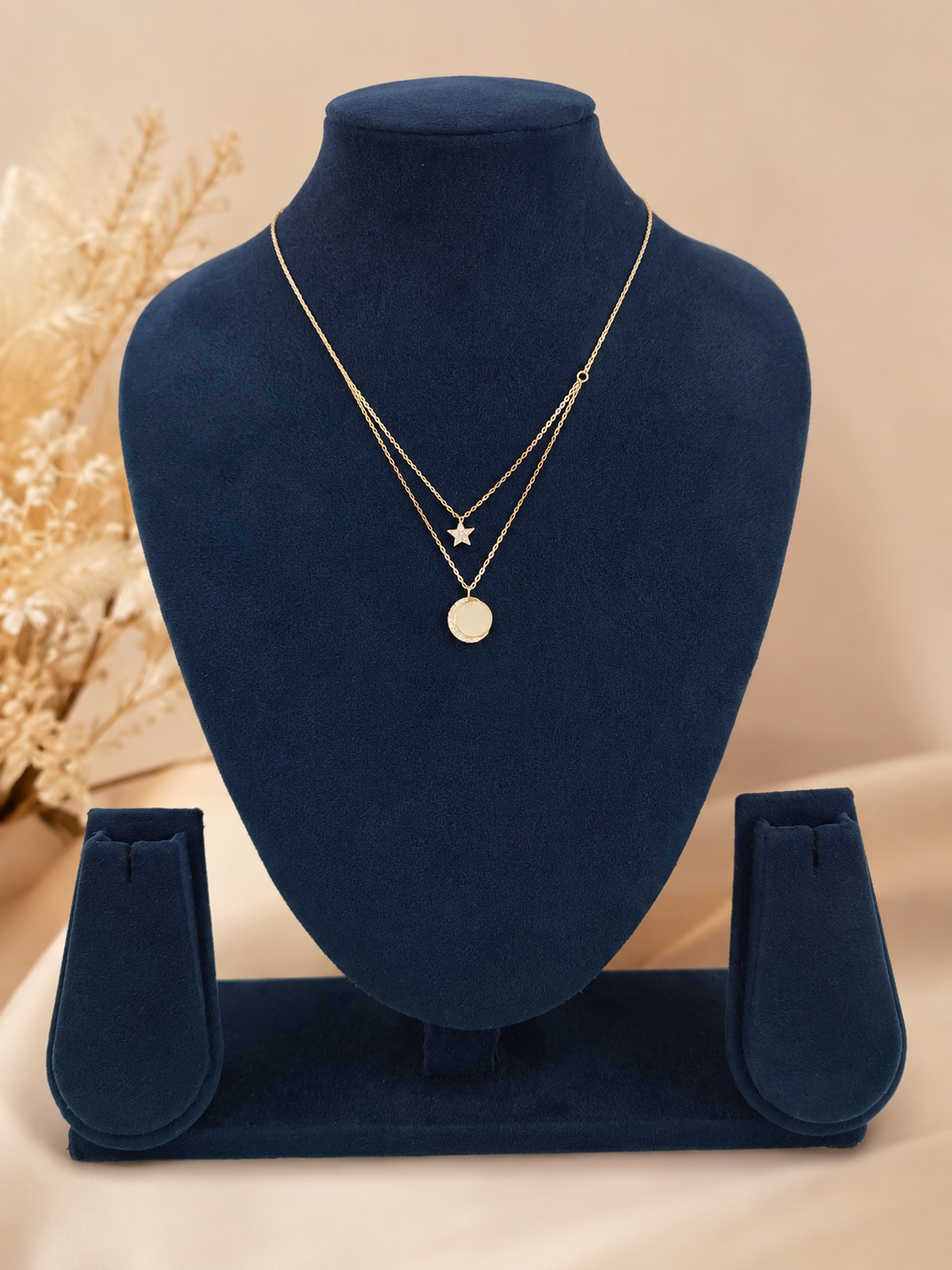 LZ-156 Gold-Tone Double Layer Star & Crystal Pendant Necklace