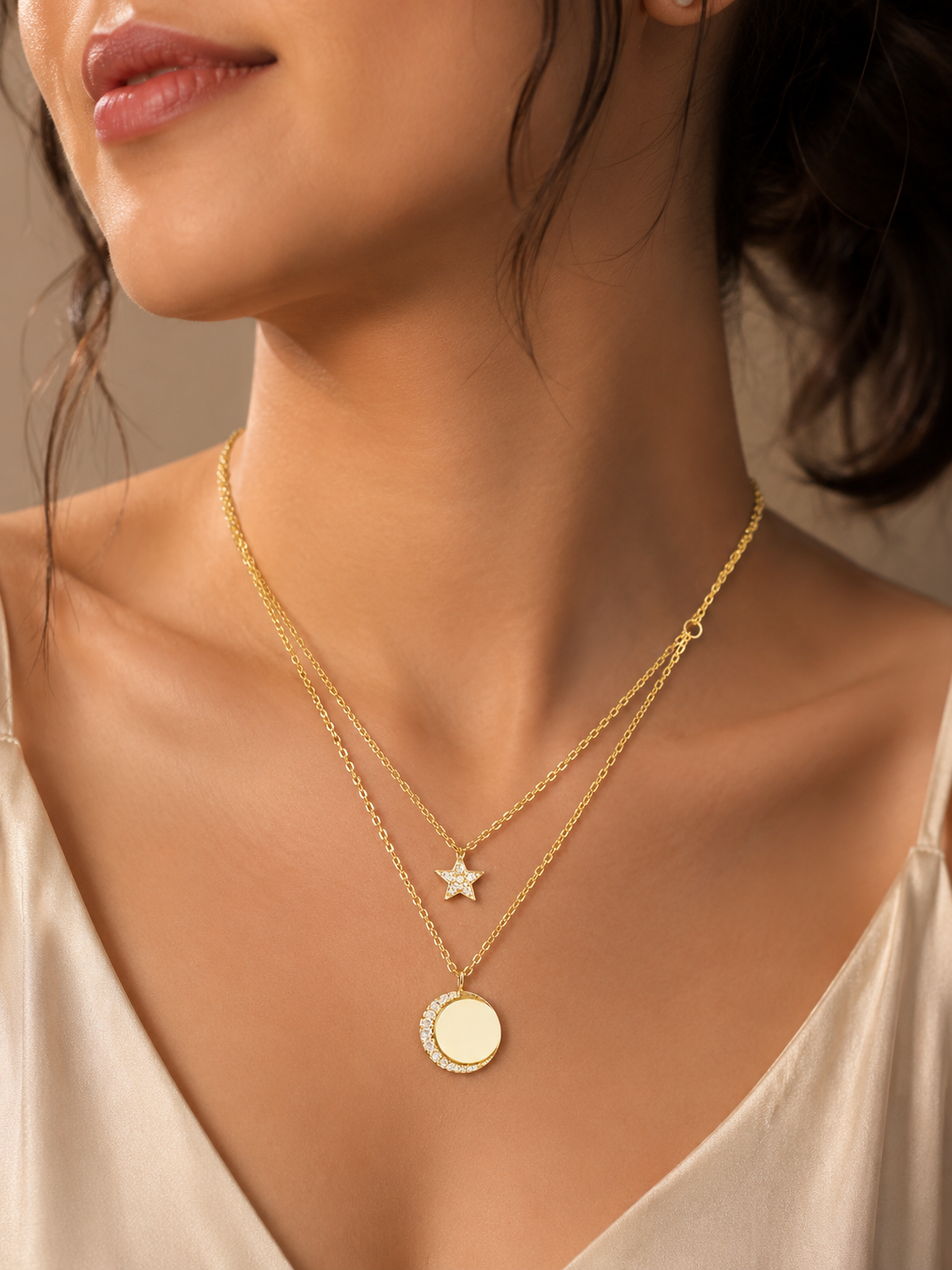 LZ-156 Gold-Tone Double Layer Star & Crystal Pendant Necklace