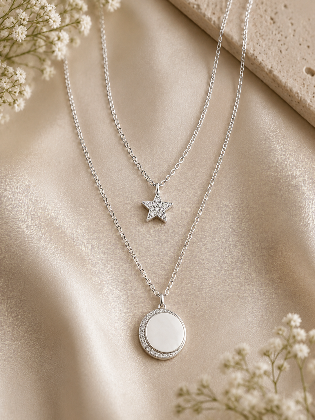 LZ-157 Silver-Tone Double Layer Star & Crystal Round Pendant Necklace