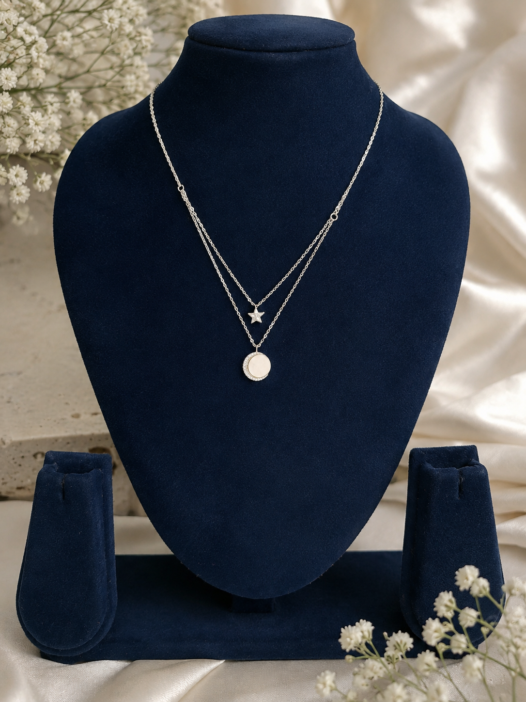 LZ-157 Silver-Tone Double Layer Star & Crystal Round Pendant Necklace