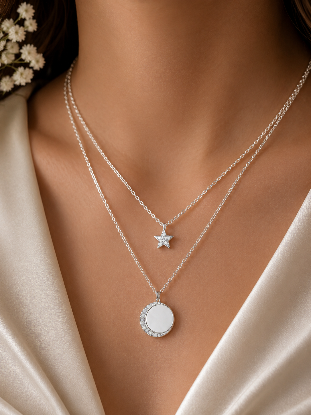 LZ-157 Silver-Tone Double Layer Star & Crystal Round Pendant Necklace
