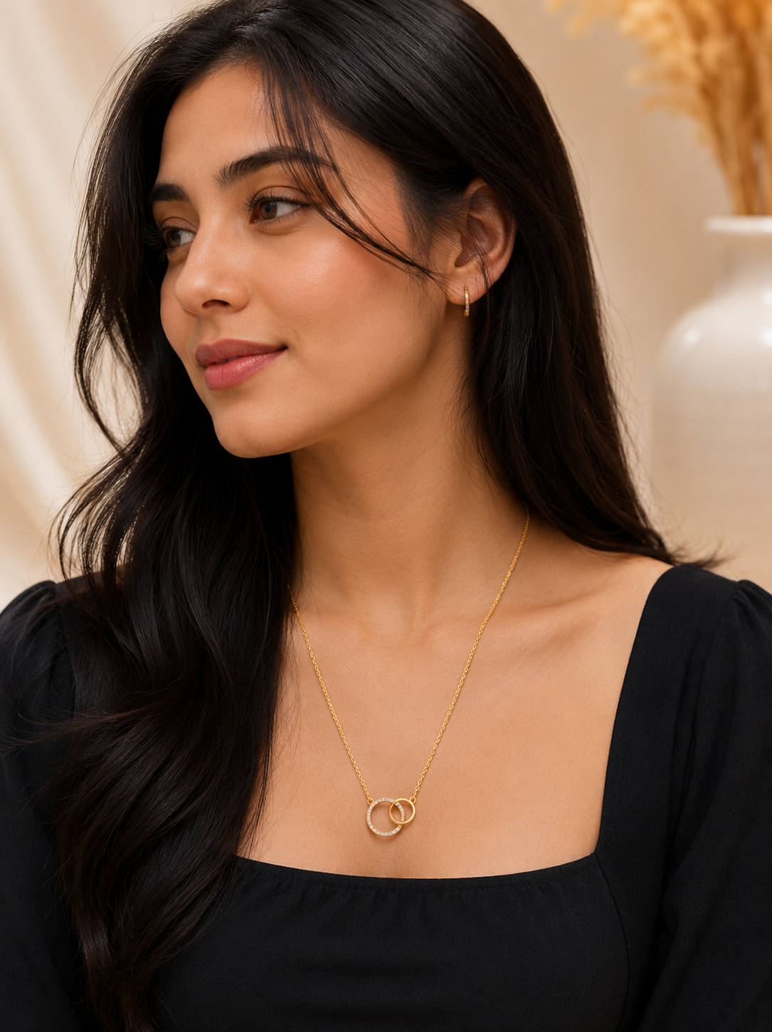 LZ-160 Gold-Plated Interlocking Circle Pendant Necklace for Women | Elegant Minimal Chain Necklace for Party, Casual & Festive Wear