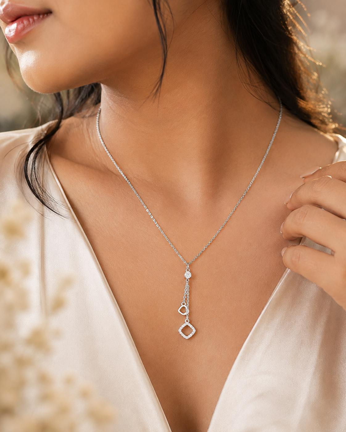 LZ-162 Silver-Tone Long Pendant Necklace for Women | Elegant Geometric Drop Chain Necklace for Party, Casual, Office & Festive Wear