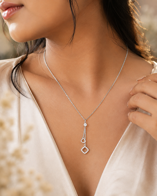 LZ-162 Silver-Tone Long Pendant Necklace for Women | Elegant Geometric Drop Chain Necklace for Party, Casual, Office & Festive Wear