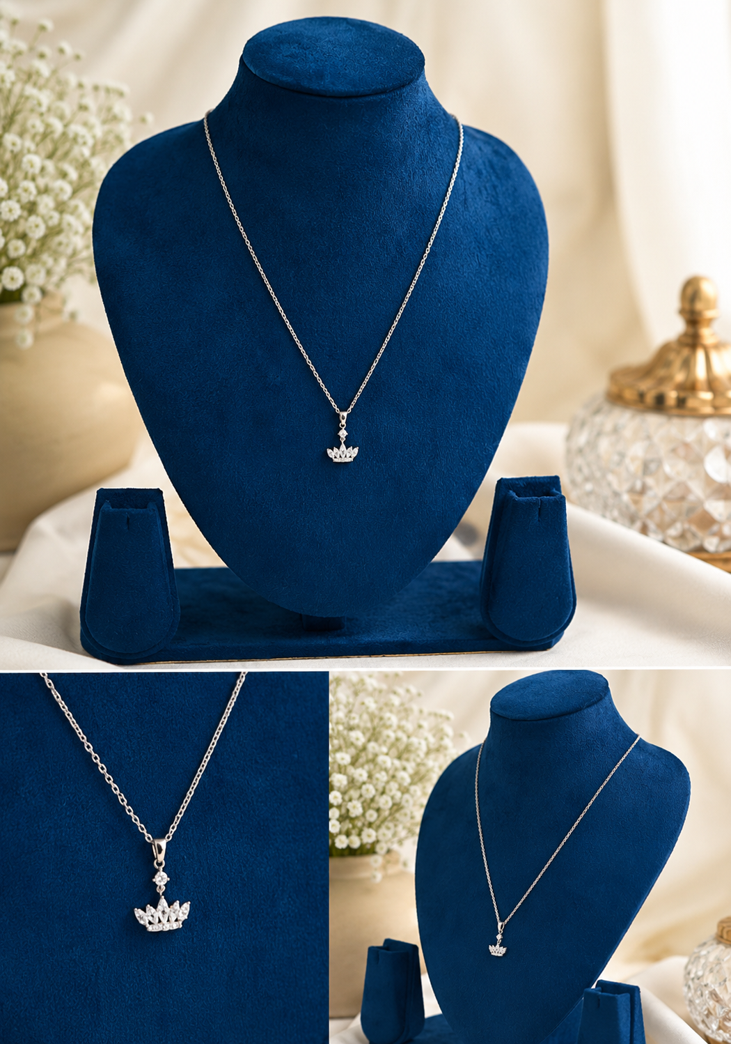 LZ-164 Silver-Plated Crown Pendant Necklace for Women | Elegant Crystal Crown Charm Necklace for Party, Casual, Office & Festive Wear
