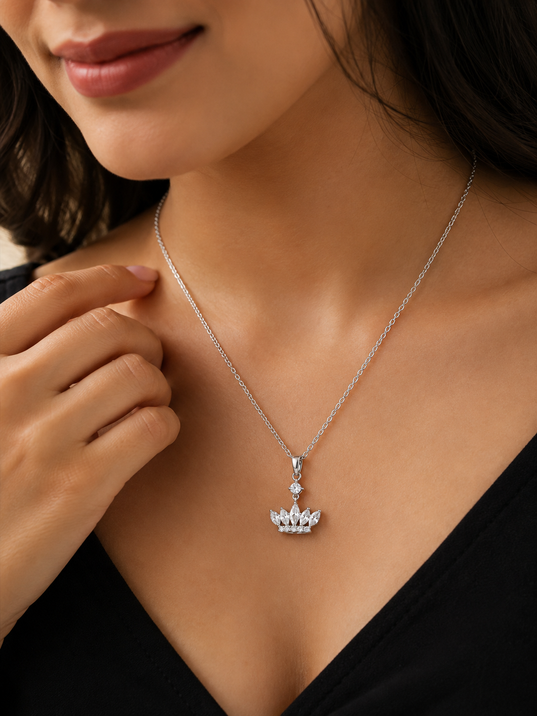 LZ-164 Silver-Plated Crown Pendant Necklace for Women | Elegant Crystal Crown Charm Necklace for Party, Casual, Office & Festive Wear