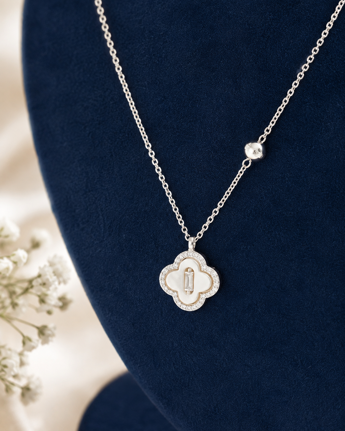 LZ-165 Silver-Plated Clover Pendant Necklace for Women | Elegant Floral Charm Chain Necklace for Party, Casual, Office & Festive Wear