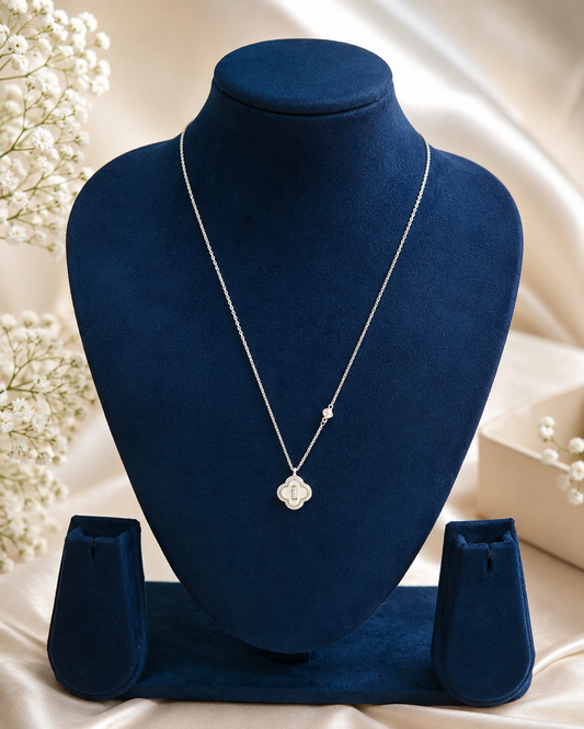 LZ-165 Silver-Plated Clover Pendant Necklace for Women | Elegant Floral Charm Chain Necklace for Party, Casual, Office & Festive Wear