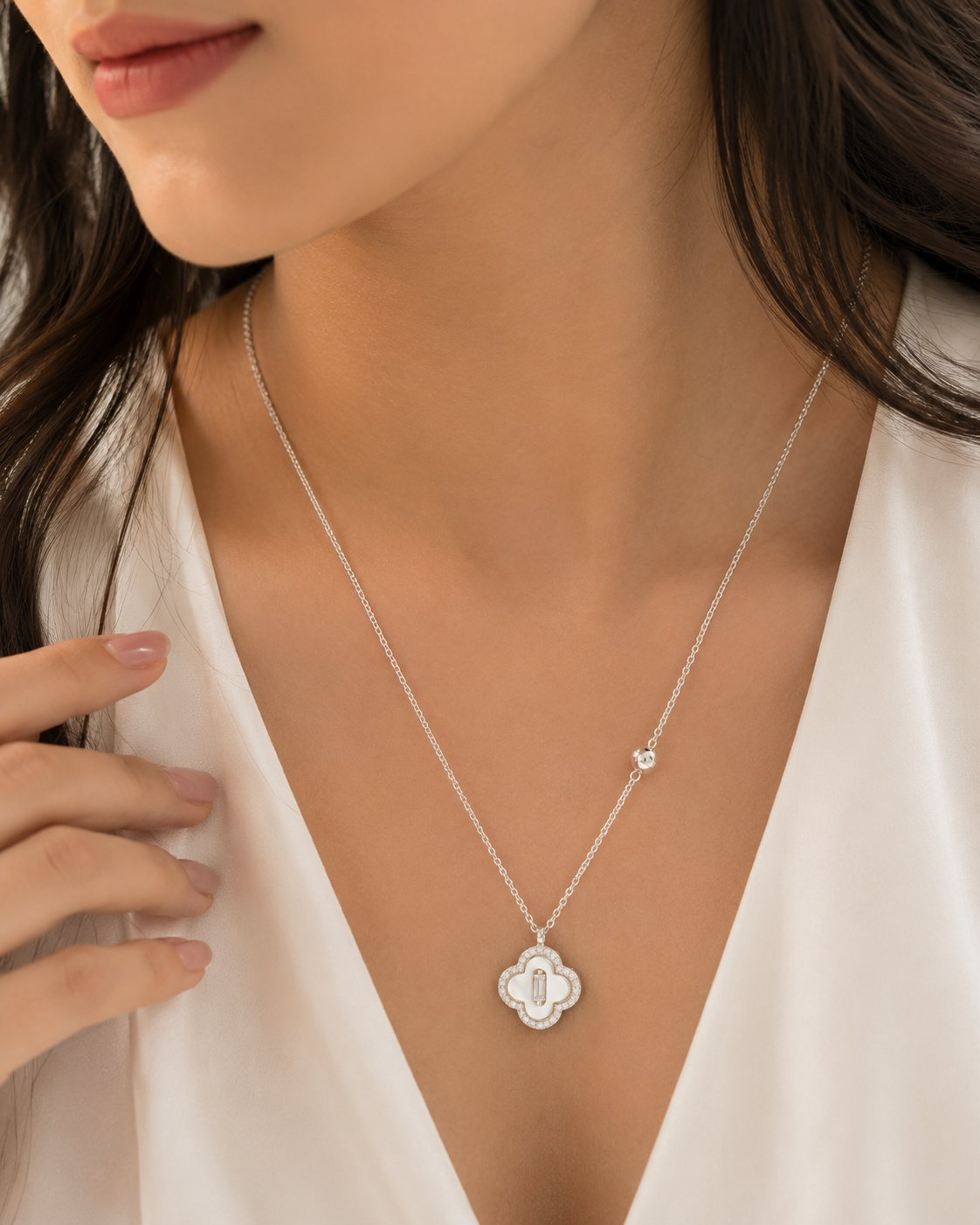 LZ-165 Silver-Plated Clover Pendant Necklace for Women | Elegant Floral Charm Chain Necklace for Party, Casual, Office & Festive Wear
