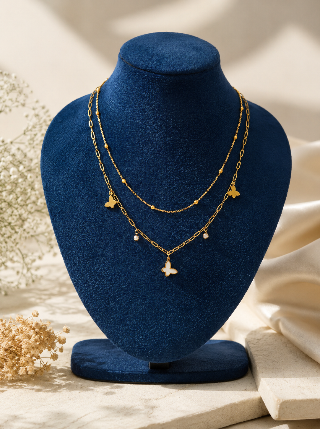 LZ-168 Elegant Gold Layered Butterfly Necklace Set with Delicate Charms