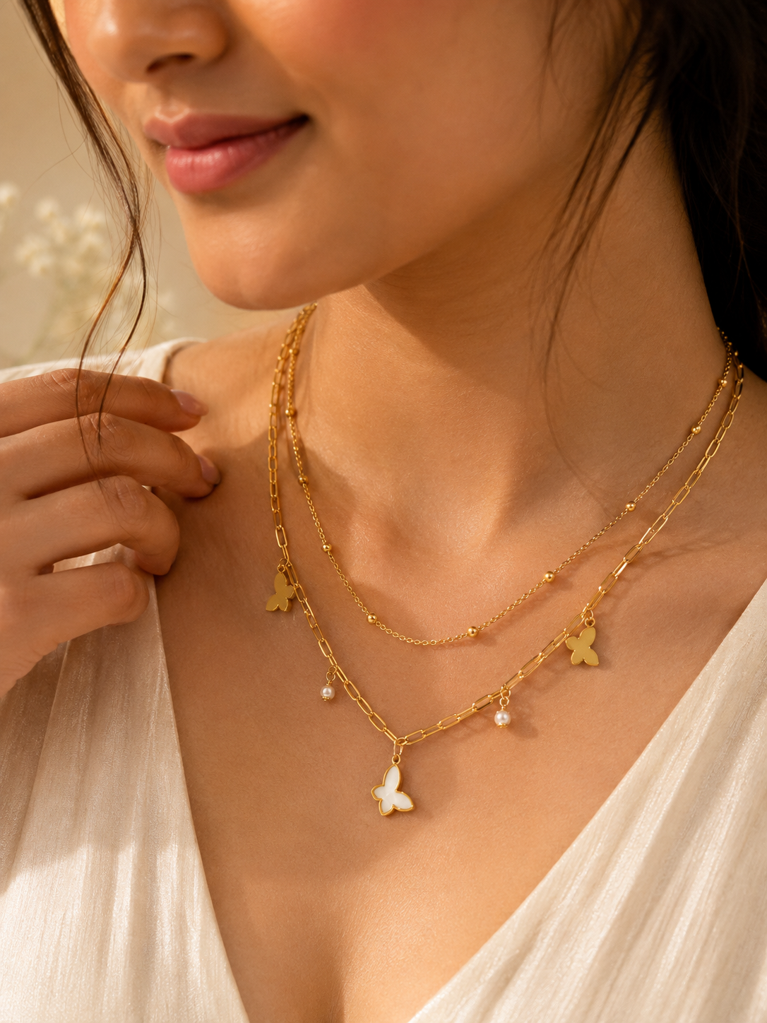 LZ-168 Elegant Gold Layered Butterfly Necklace Set with Delicate Charms