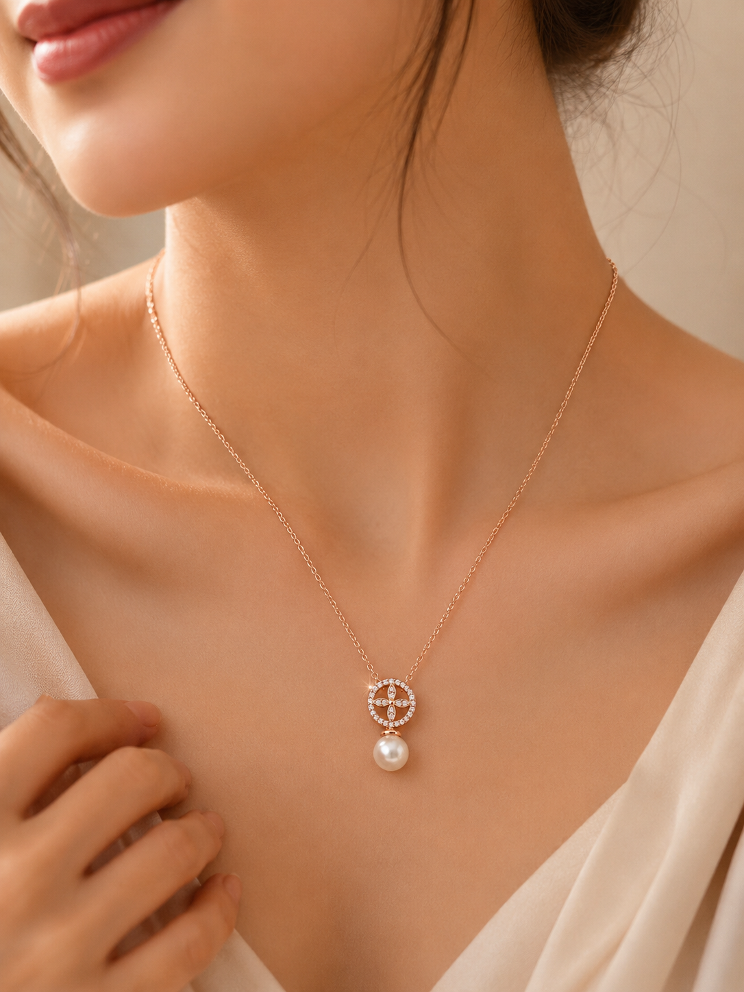 LZ-174 Rosé Fleur Pearl Drop Necklace