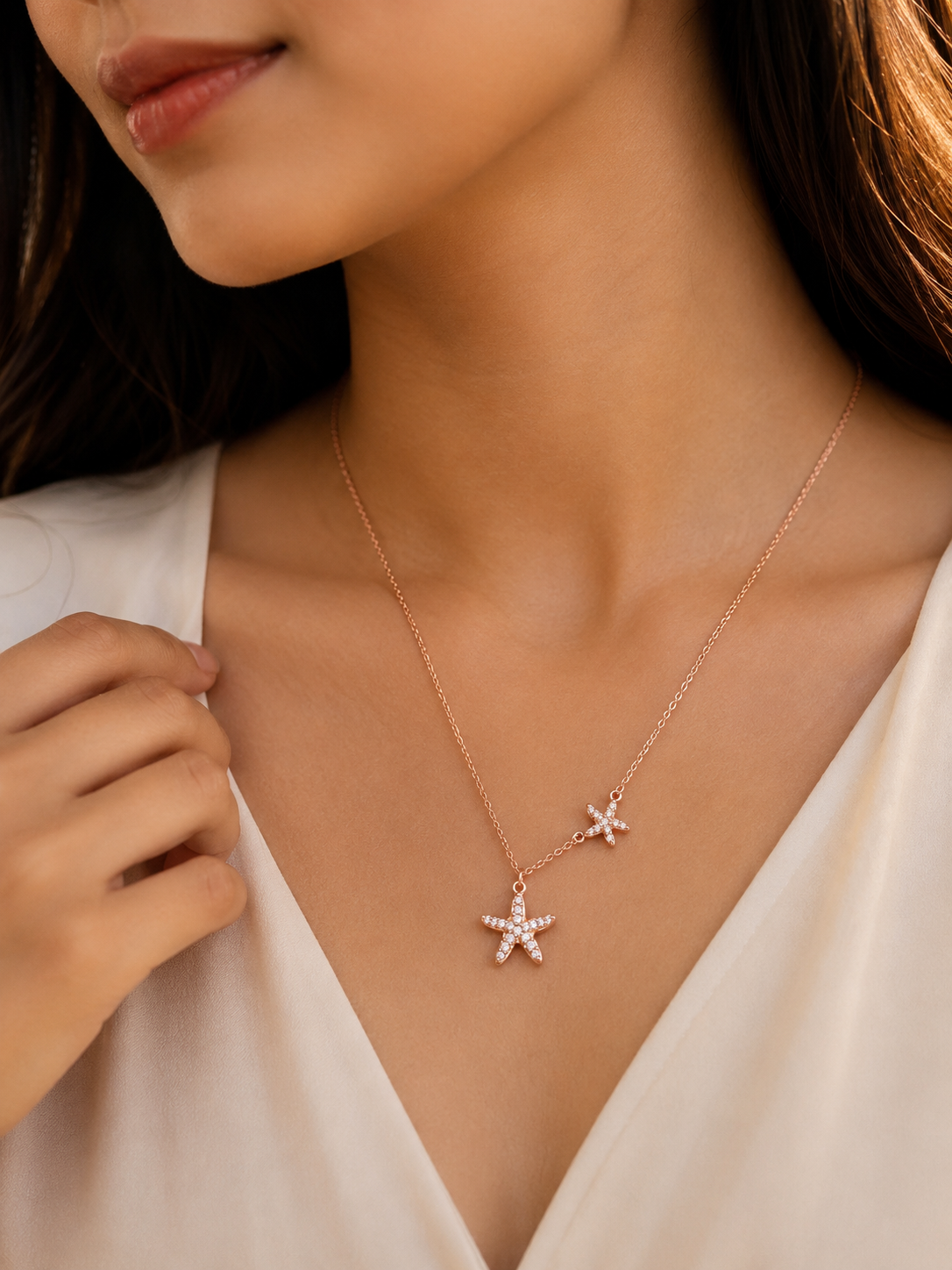 LZ-181 Rosé Marina Twin Starfish Necklace