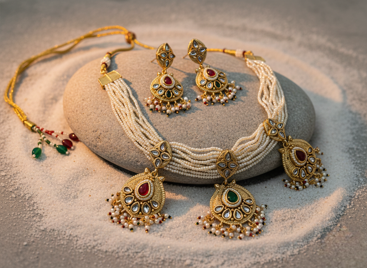 LZ-12 Copper Based Necklace Set with Pearls & Kundan