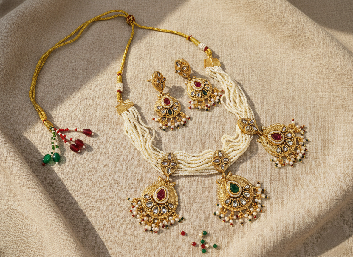 LZ-12 Copper Based Necklace Set with Pearls & Kundan